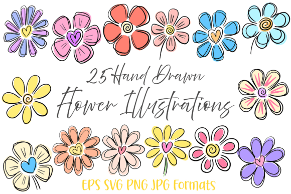 25 Heart Doodle Hand Drawn Flowers Flora