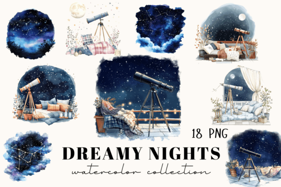 Dreamy Night Watercolor Clipart – 18 Png: Artistic Elements for Digital and Print Design