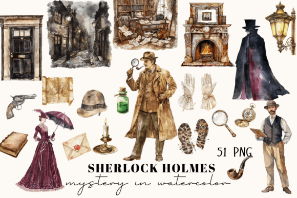 Sherlock Holmes Watercolor Clipart for Designers